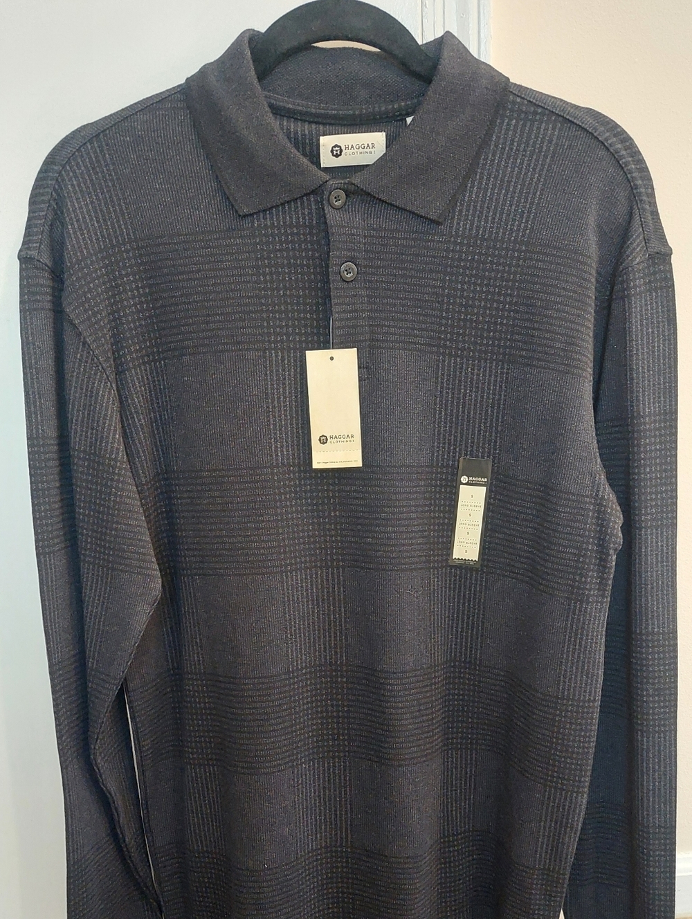 Haggar Men's Long-Sleeve Polo in Charcoal Plaid